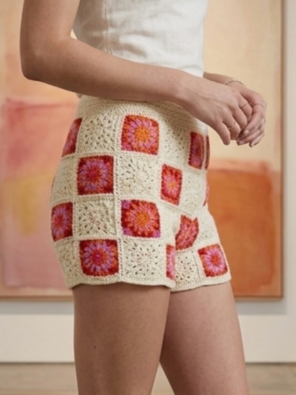 Chelsea & Violet Cream Crochet High-Waist Patchwork Shorts with Pink Accents